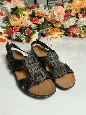 Clarks Collection Lexi Marigold Black Leather Comfort Sandals Size 10W